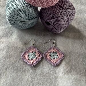 Handcrafted Granny Square Purple and Pink Crochet Earrings